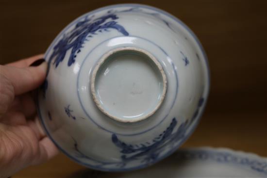 A late Ming Chinese blue and white hard paste porcelain footed bowl, together with dish